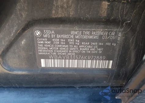 2006 BMW 330I z USA, uszkodzony, nr VIN WBAVB33576KR72889